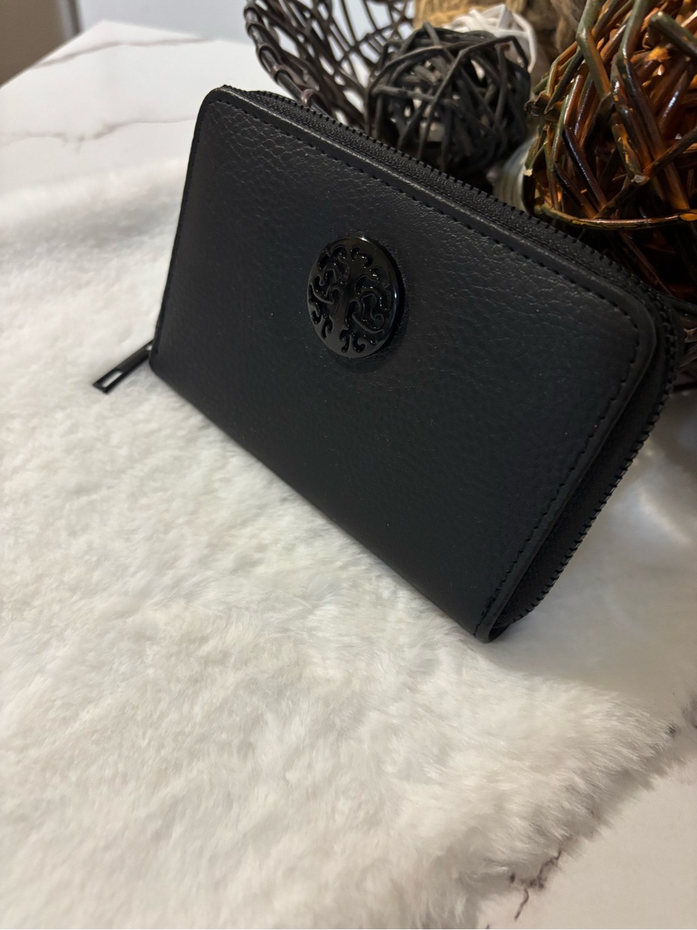 Women's Black Pebbled Zip Wallet with Gloss Medallion
